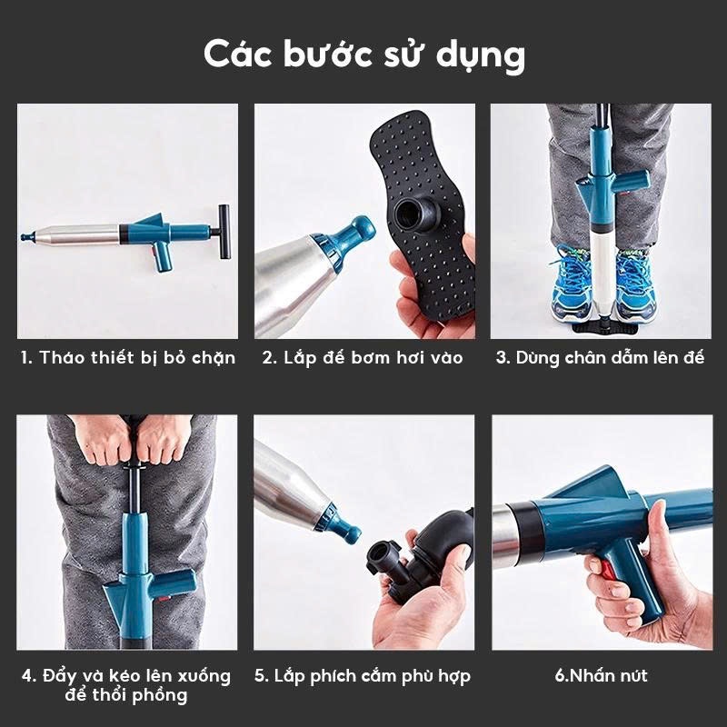 Súng thông tắc bồn cầu, chậu rửa bát, lavabo 4in1 tự động đa năng áp suất khí nén 8kg cực mạnh đánh bay mọi vật cản