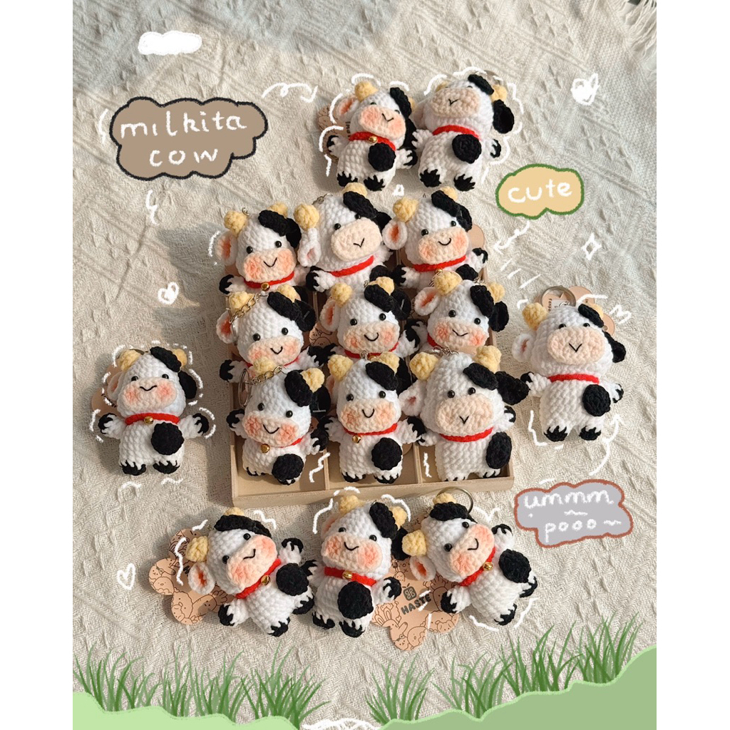 Móc Khoá Len Nhung Bò Sữa Trắng Đen Milk Tea Handmade Màu Pastel Quà Tặng Dễ Thương Độc Đáo