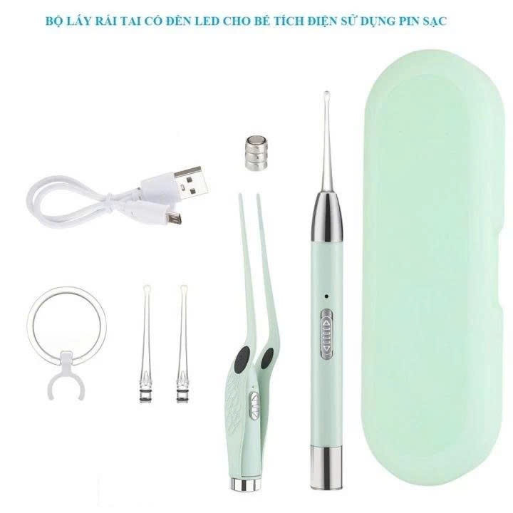 Bộ lấy ráy tai có đèn led cho bé 3in1 siêu sáng pin sạc lại, Dụng cụ vệ sinh tai bằng Silicon mềm không đau rát, an toàn