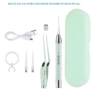 Bộ lấy ráy tai có đèn led cho bé 3in1 siêu sáng pin sạc lại, Dụng cụ vệ sinh tai bằng Silicon mềm không đau rát, an toàn