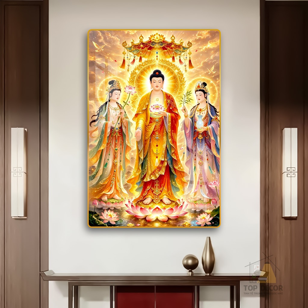 Tranh Tráng Gương "TÂY PHƯƠNG TAM THÁNH" Tranh Treo Tường Phật Giáo - Tráng Gương - Tranh treo Phòng Thờ