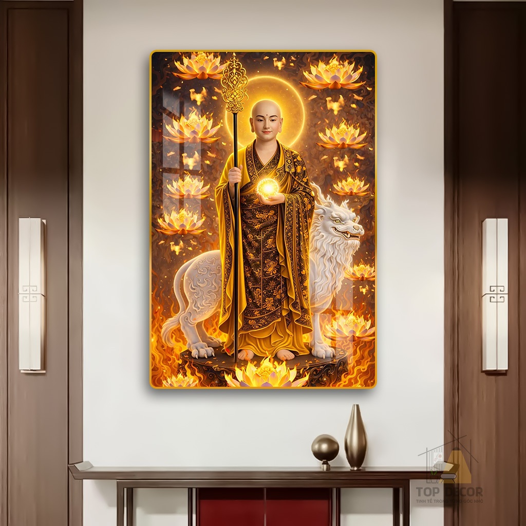 Tranh Treo Tường Phật Giáo " Phật Địa Tạng Vương" Tráng Gương - Trang treo Decor Không Gian Thờ, Tranh Phòng Thờ