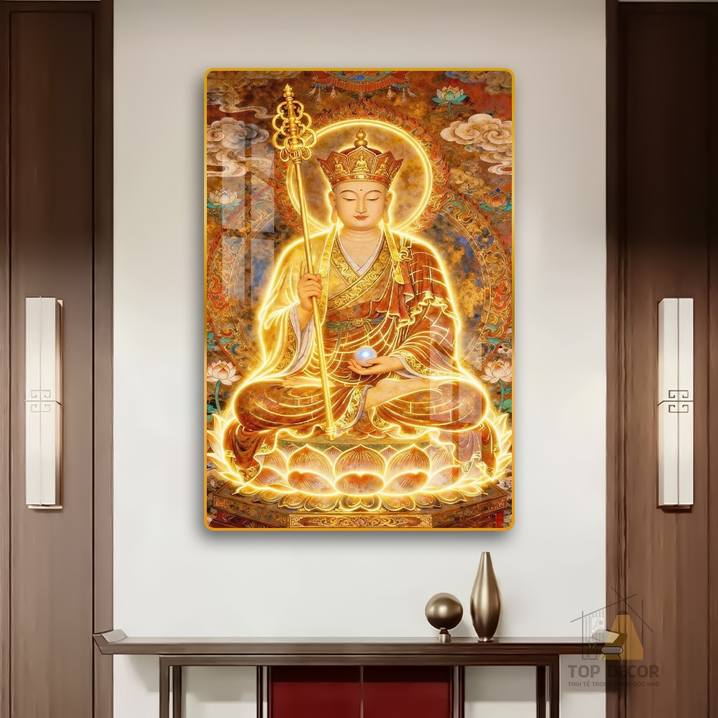 Tranh Treo Tường Phật Giáo " Phật Địa Tạng Vương" Tráng Gương - Trang treo Decor Không Gian Thờ, Tranh Phòng Thờ