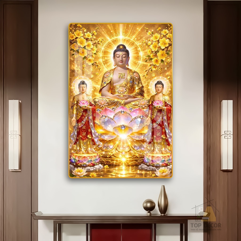 Tranh Tráng Gương "TÂY PHƯƠNG TAM THÁNH" Tranh Treo Tường Phật Giáo - Tráng Gương - Tranh treo Phòng Thờ