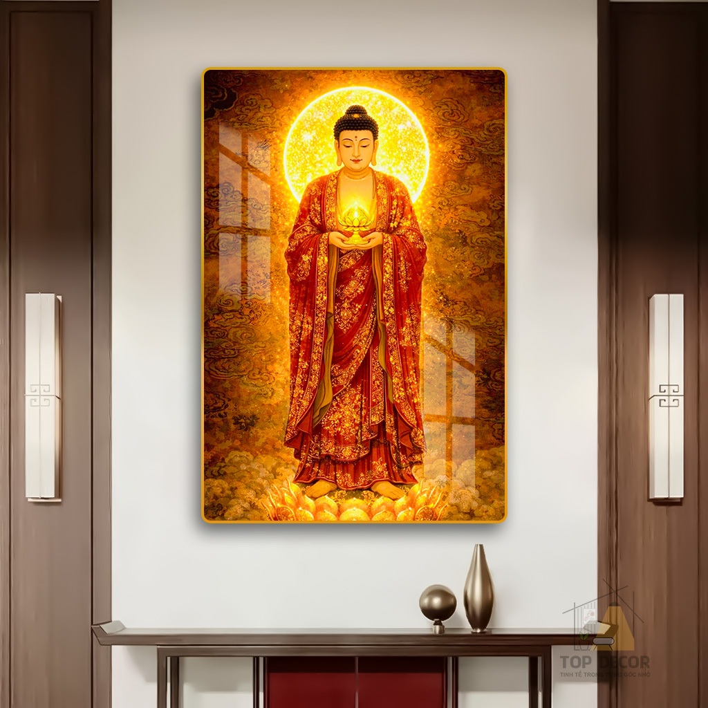 Tranh Treo Tường Phật Giáo " Phật Địa Tạng Vương" Tráng Gương - Trang treo Decor Không Gian Thờ, Tranh Phòng Thờ