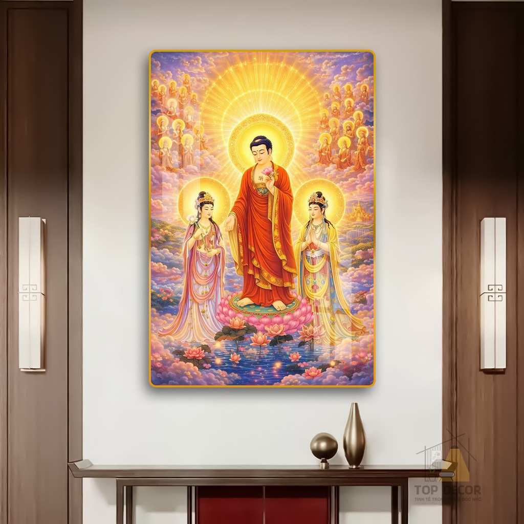 Tranh Tráng Gương "TÂY PHƯƠNG TAM THÁNH" Tranh Treo Tường Phật Giáo - Tráng Gương - Tranh treo Phòng Thờ