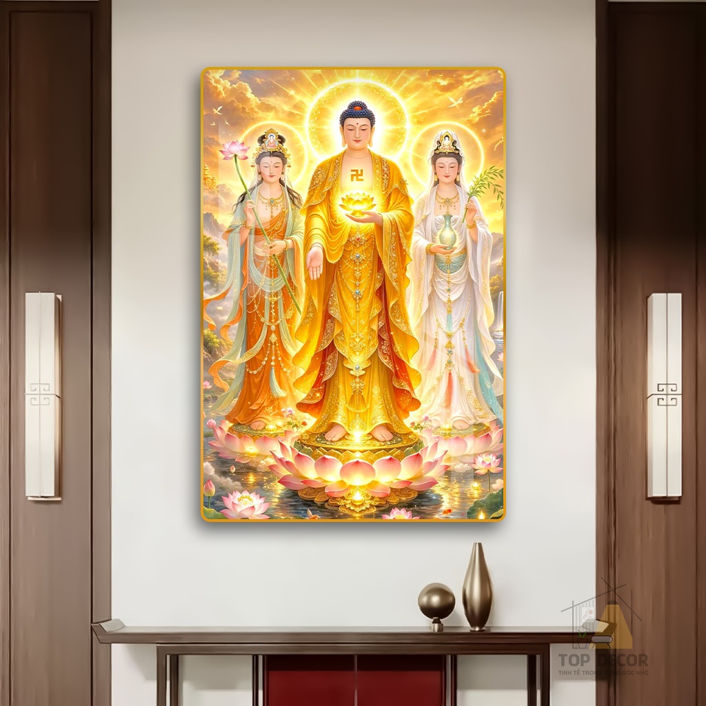 Tranh Tráng Gương "TÂY PHƯƠNG TAM THÁNH" Tranh Treo Tường Phật Giáo - Tráng Gương - Tranh treo Phòng Thờ