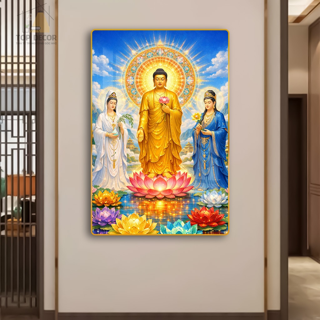 Tranh Tráng Gương "TÂY PHƯƠNG TAM THÁNH" Tranh Treo Tường Phật Giáo - Tráng Gương - Tranh treo Phòng Thờ