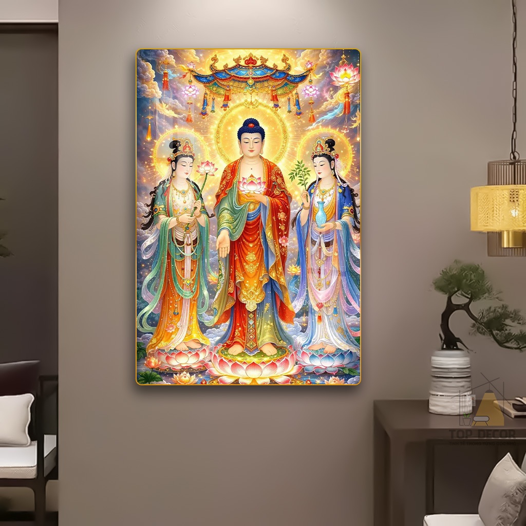 Tranh Tráng Gương "TÂY PHƯƠNG TAM THÁNH" Tranh Treo Tường Phật Giáo - Tráng Gương - Tranh treo Phòng Thờ