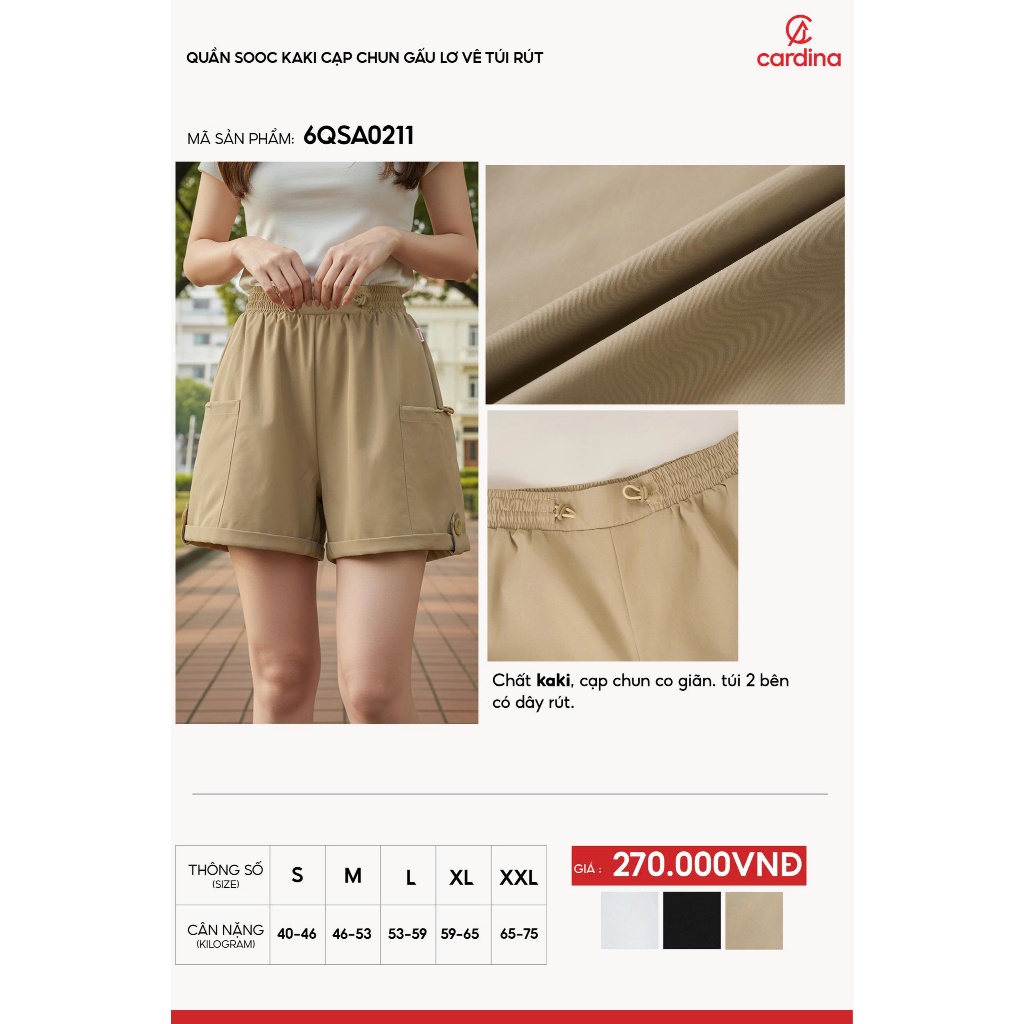 Quần đùi nữ CARDINA chất liệu kaki phối túi rút thoái mái năng động 6QSA02