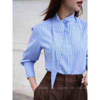 Áo sơ mi nữ HAGOO thanh lịch thiết kế cổ tai thỏ 2 màu Trắng/ Kẻ xanh dễ phối đồ [A8101]