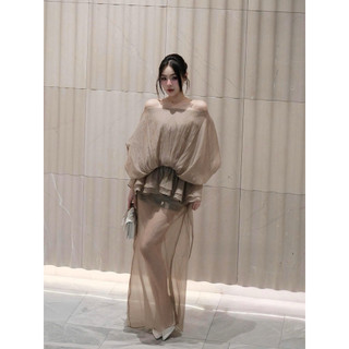 •𝙆𝙞𝙣𝙜𝙨𝙝𝙤𝙥𝙗𝙚𝙖𝙪𝙩𝙮•Váy Trễ Vai Nâu Chun Eo Dáng Dài QC [B28]