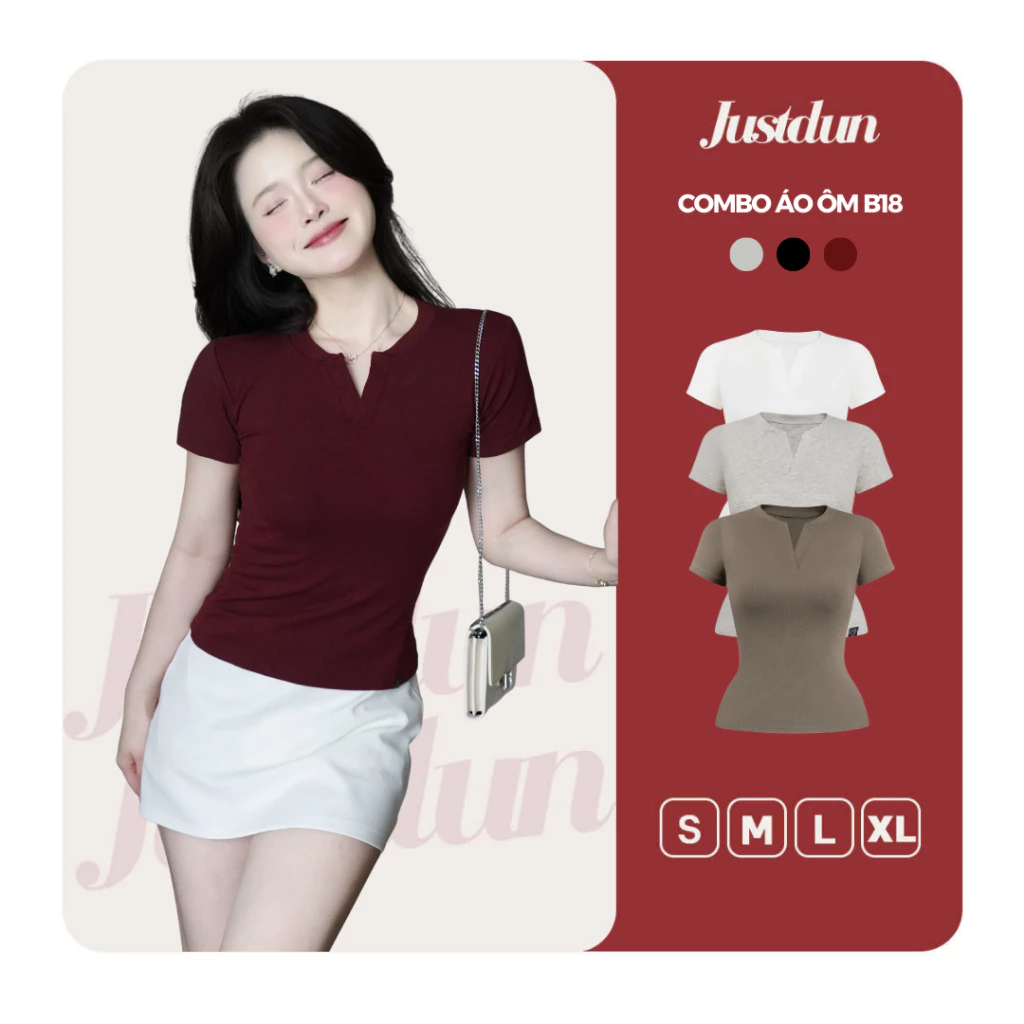 Áo Thun Nữ Ôm Body JUSTDUN E44 – Cổ Trụ Tàu Tay Ngắn, Vải Cotton Mềm Mịn Co Giãn 4 Chiều, Thoáng Mát