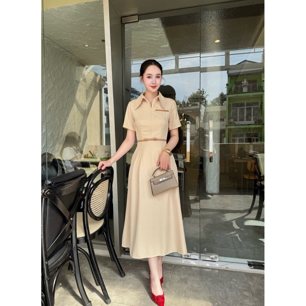 Đầm nữ cổ somi dây kéo trước có túi thanh lịch công sở dự tiệc - Pusu house