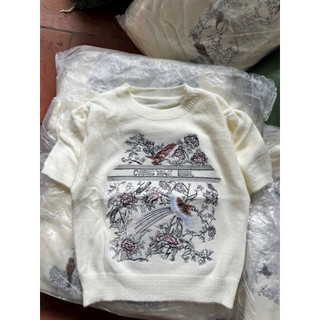 LT - Áo len nữ cộc tay hoạ tiết thêu, chấy len cotton knit dày dặn free size 1607