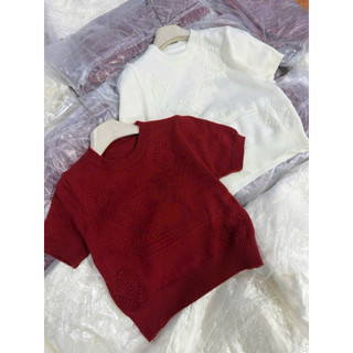 LT - Áo len nữ cộc tay chữ dập nổi, len cotton knit chữ ngực free size 1608