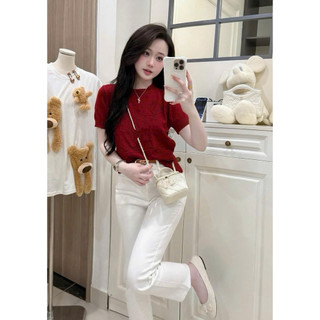 LT - Áo len nữ cộc tay chữ dập nổi, len cotton knit chữ ngực free size 1608