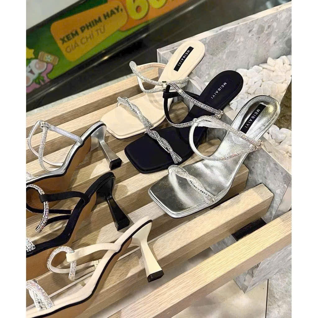 Sandal Mũi Vuông Quai Đá Xoắn Cone Heel – Dép Gót Trụ Cao 7cm, Thiết Kế Thanh Lịch, Êm Chân