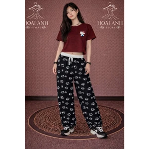 Sét Áo Thun Dáng Ôm In Logo Mèo Fuck Mix Quần Dài Cạp Trắng Hoạ Tiết Kitty In Kín Siêu Đẹp