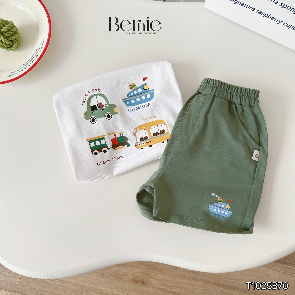 Bộ cotton cộc tay Bernie họa tiết travel vui tươi phối quần cotton 4c cho bé trai 9-28kg