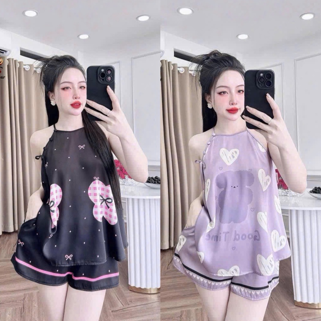Đồ bộ -Yếm lụa latin mềm thời trang cho Nữ - áo có nút, quần có ko túi phom 40-58kg -Y99