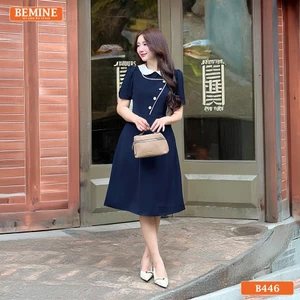 Đầm thiết kế BEMINE cổ sen đắp chéo nút dáng chữ A phù hợp đi làm-B446