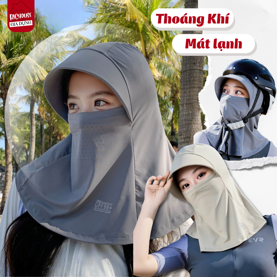 Mũ Trùm Đầu Chống Nắng Toàn Mặt Chất Liệu Lụa Băng Lạnh Che Cổ Có Lỗ Thoáng Khí Xuân Hè