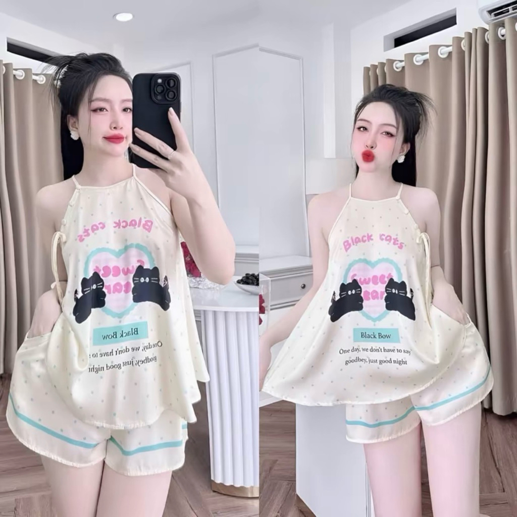 Đồ bộ -Yếm lụa latin mềm thời trang cho Nữ - áo có nút, quần có ko túi phom 40-58kg -Y99