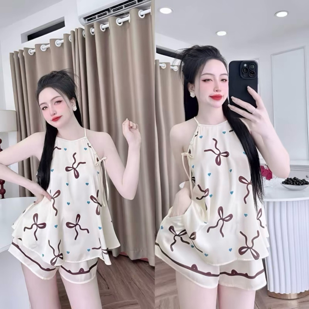 Đồ bộ -Yếm lụa latin mềm thời trang cho Nữ - áo có nút, quần có ko túi phom 40-58kg -Y99