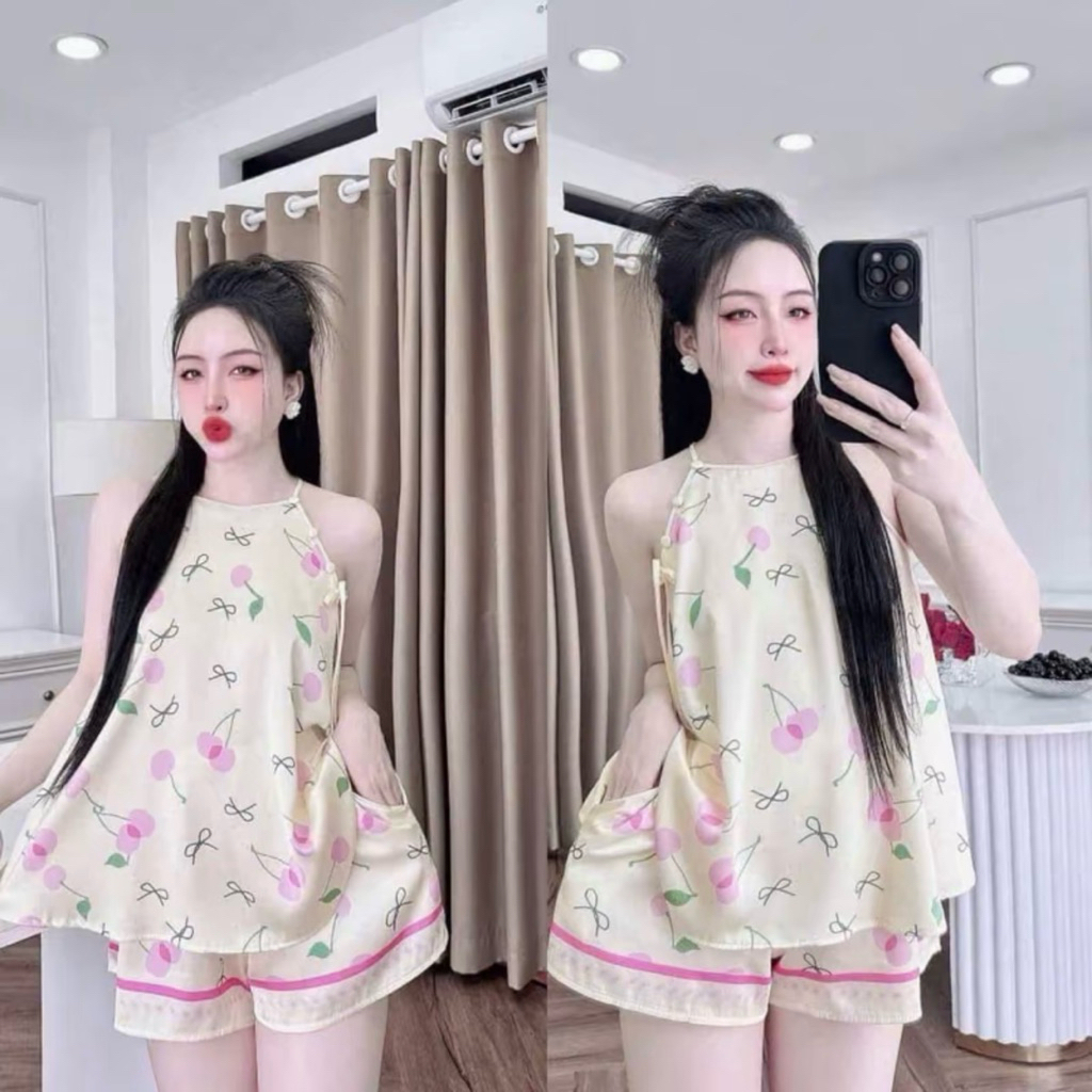 Đồ bộ -Yếm lụa latin mềm thời trang cho Nữ - áo có nút, quần có ko túi phom 40-58kg -Y99