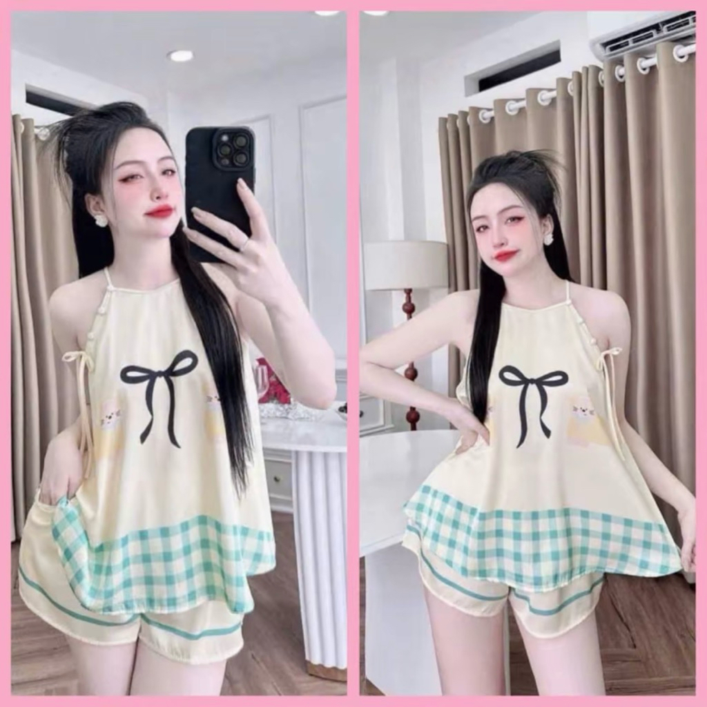 Đồ bộ -Yếm lụa latin mềm thời trang cho Nữ - áo có nút, quần có ko túi phom 40-58kg -Y99