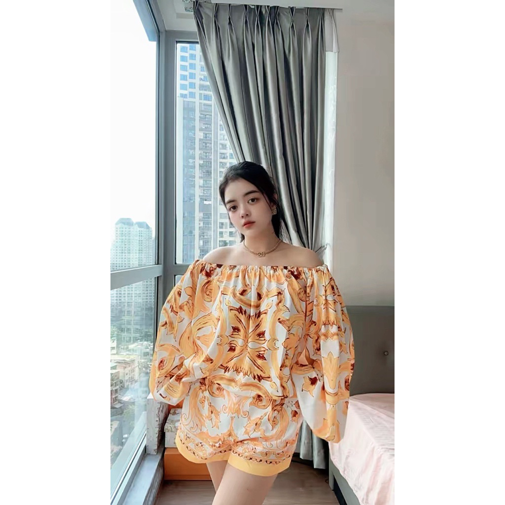 set áo trễ vai quần màu vàng mặc hè xinh