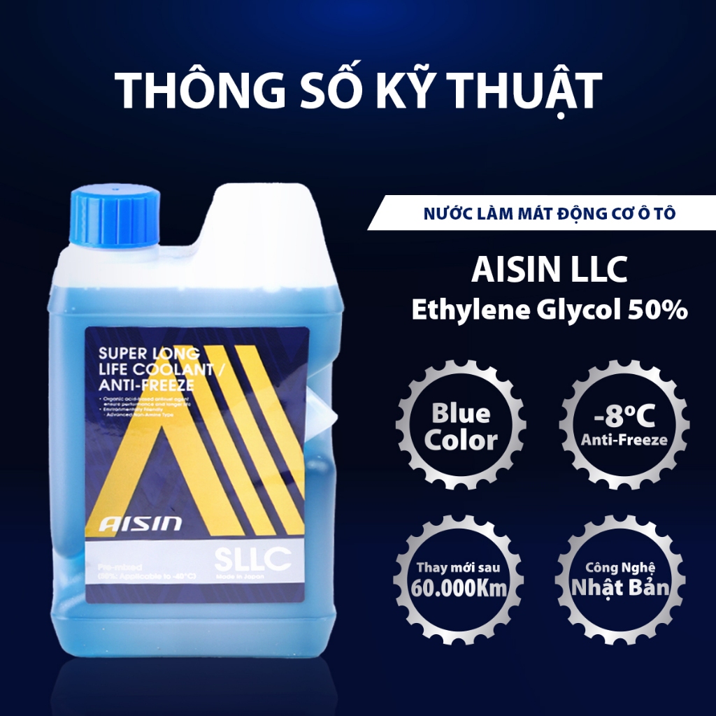Nước Làm Mát Giải Nhiệt Động Cơ Màu Xanh Dương AISIN Super Long Life Coolant 50% 1 Lít SCPM50A1LB Dùng Cho Ô Tô Xe Máy