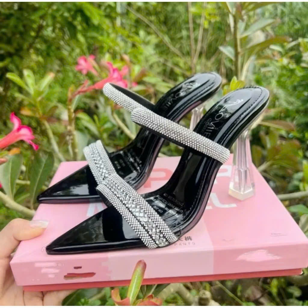 Dép Cao Gót Mũi Nhọn 7cm/ 9cm Cone Heel - Thiết Kế Quai Đá Lấp Lánh Sang Trọng, Gót Trụ Mika Cao Cấp
