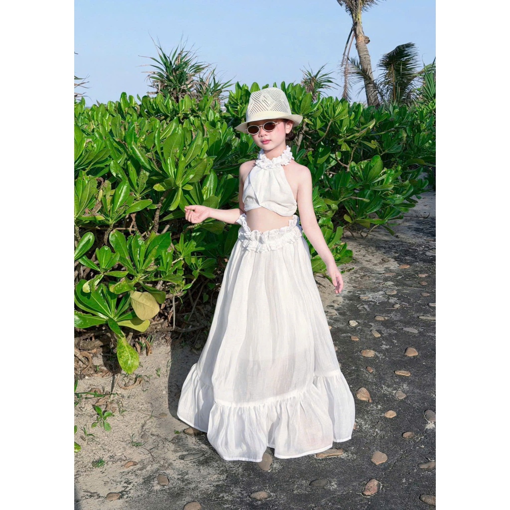 Sét Maxi Hở Lưng Bé Gái Áo Yếm Chun Cổ phối Chân Váy Maxi Dài Voan Nhẹ Set đồ cho mẹ và bé Đi Biển Du Lịch Chụp Ảnh