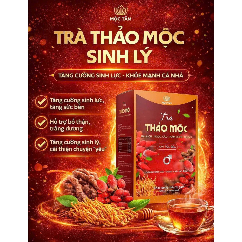 Trà Thảo Mộc Ba Kích Ngọc Cẩu Đông Trùng Chính Hãng Cao Cấp ✅ Trà tăng cường sinh lý nam bổ thận cường dương hộp 30 gói