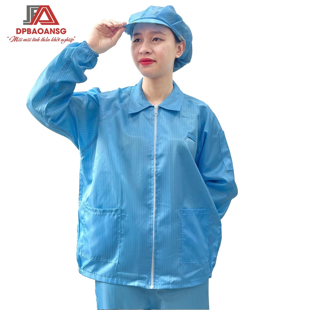 Bộ Quần Áo Phòng Sạch Chống Tĩnh Điện Màu Xanh, Trắng Nam Nữ, Bộ Bảo Hộ Có Nón Dùng Cho Điện Tử, Phòng Lab