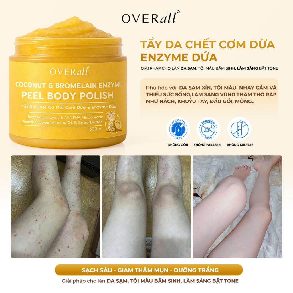 Combo 3 Tẩy Da Chết Body Cơm Dừa Cho Da Mụn, Viêm lỗ chân lông OVERall – Giúp Da Sạch mụn, Căng Bóng