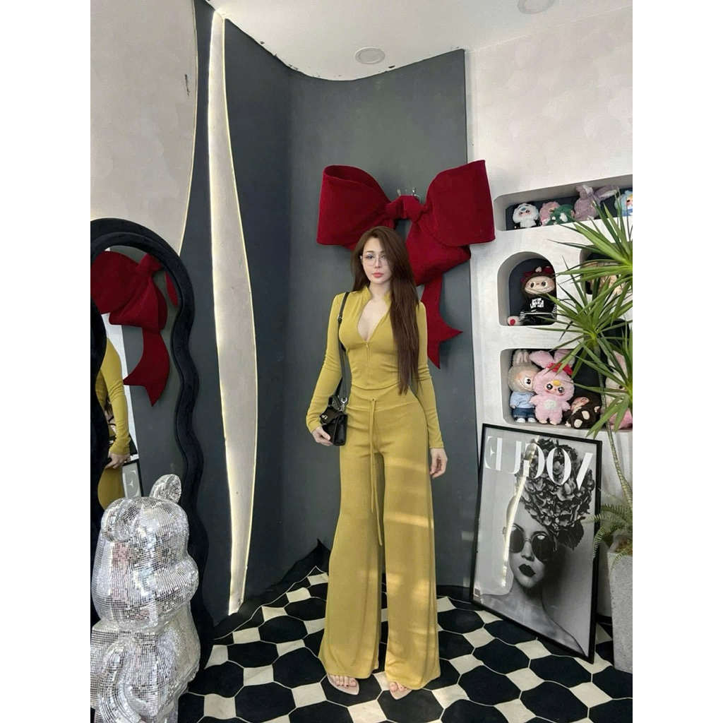 L845- Sét bộ thun tăm dáng ôm body cực xinh áo tay dài dây kéo, quần form rộng lưng cao có dây kiểu (38-55kg)