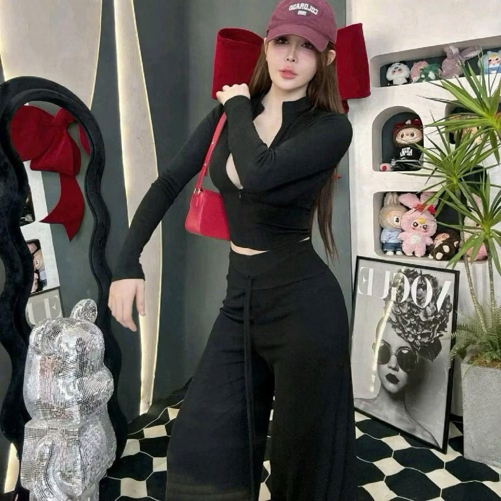 L845- Sét bộ thun tăm dáng ôm body cực xinh áo tay dài dây kéo, quần form rộng lưng cao có dây kiểu (38-55kg)