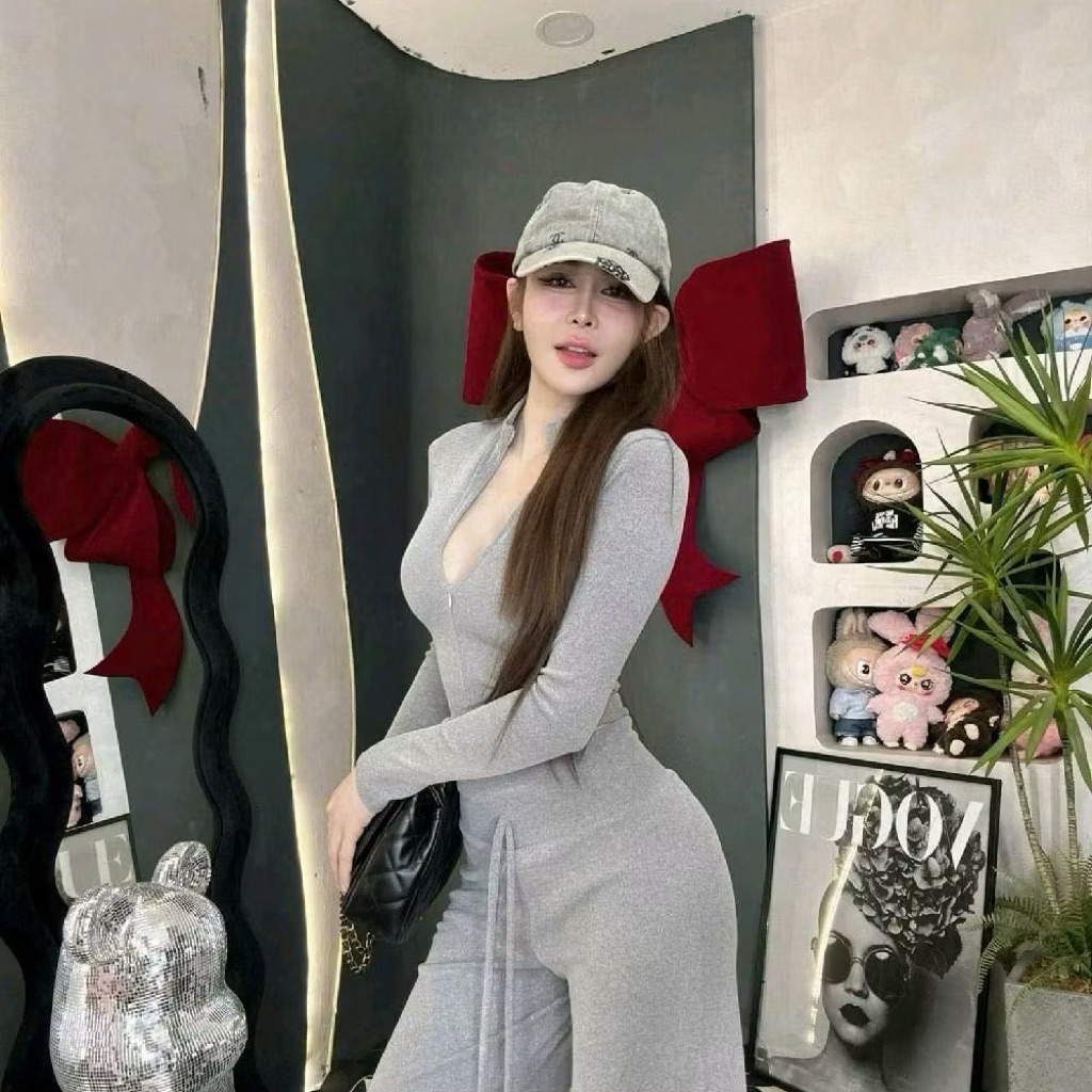 L845- Sét bộ thun tăm dáng ôm body cực xinh áo tay dài dây kéo, quần form rộng lưng cao có dây kiểu (38-55kg)