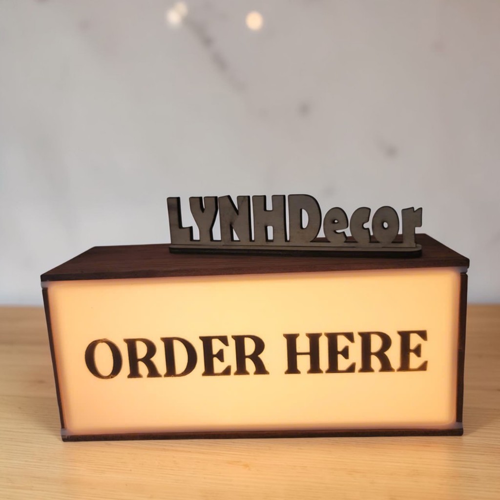 Hộp đèn Order Here chất liệu Gỗ Thông đèn led, in UV cắt laser logo miễn phí thiết kế - LynhDecor