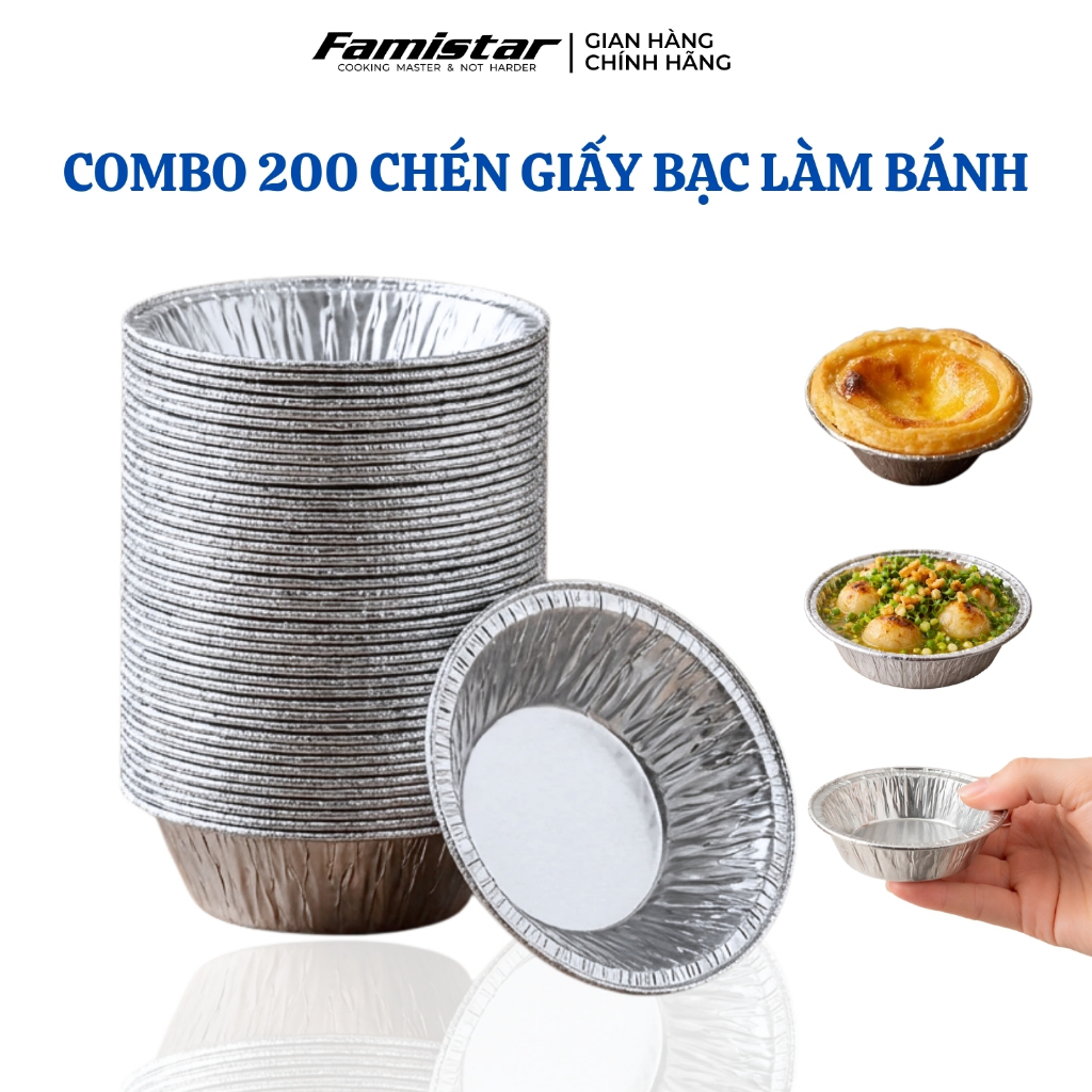 Combo 200 chén khay giấy bạc nướng FAMISTAR, khuôn làm bánh tart giấy bạc nướng GB