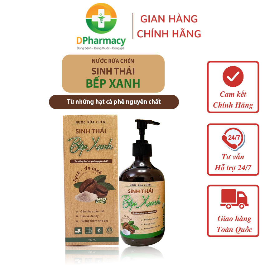Nước Rửa Chén Bát Sinh Thái Bếp Xanh Thanh Mộc Hương, Chiết Xuất Cafe, Không Hại Da Tay, chai 500ml