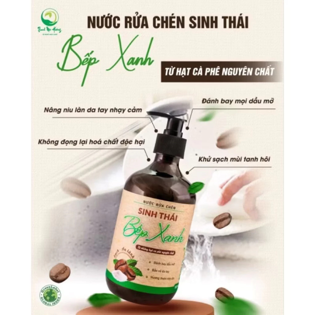 Nước Rửa Chén Bát Sinh Thái Bếp Xanh Thanh Mộc Hương, Chiết Xuất Cafe, Không Hại Da Tay, chai 500ml