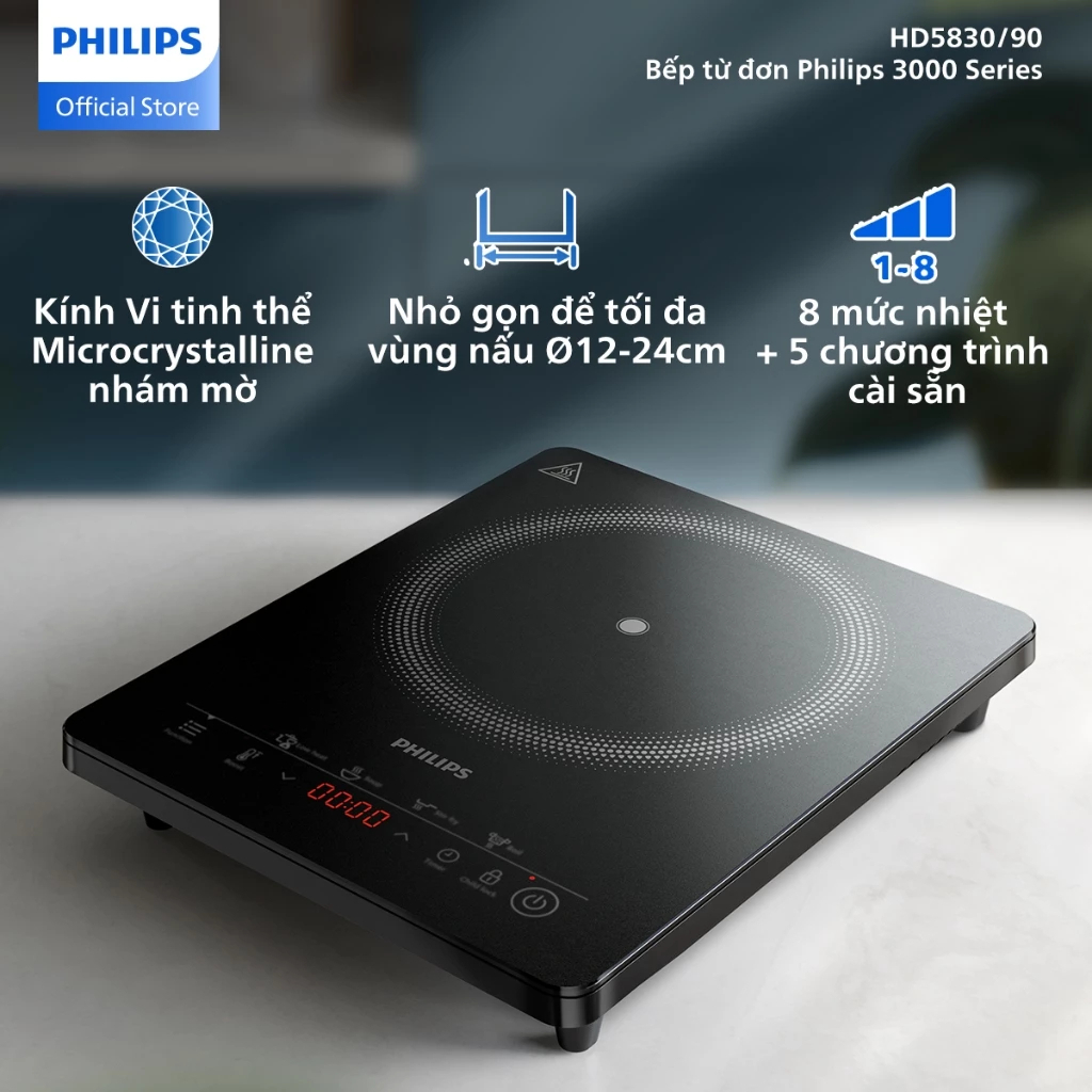 [TẶNG KÈM CHẢO] Bếp Từ Đơn Philips HD5830/90 - 2000W - Bảo Hành Chính Hãng 24 tháng - Tiết Kiệm Điện, Nấu An Toàn