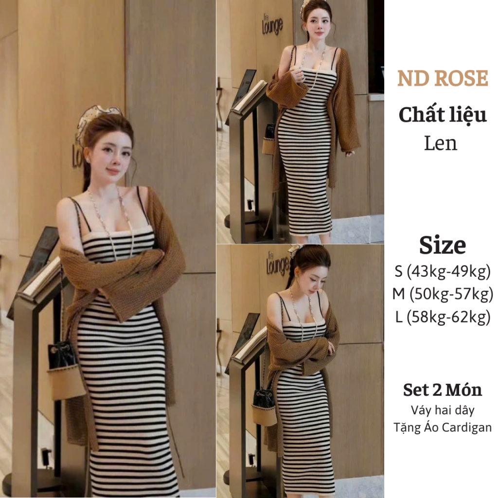 Set Váy Body Hai Dây Kẻ Sọc Co Dãn Mix Cadigan Sang Chảnh