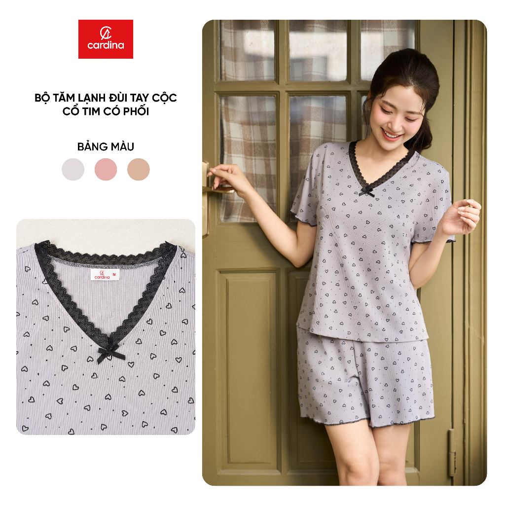 Bộ đồ nữ CARDINA chất liệu tăm lạnh tay cộc cổ tim và quần đùi 6BFN06