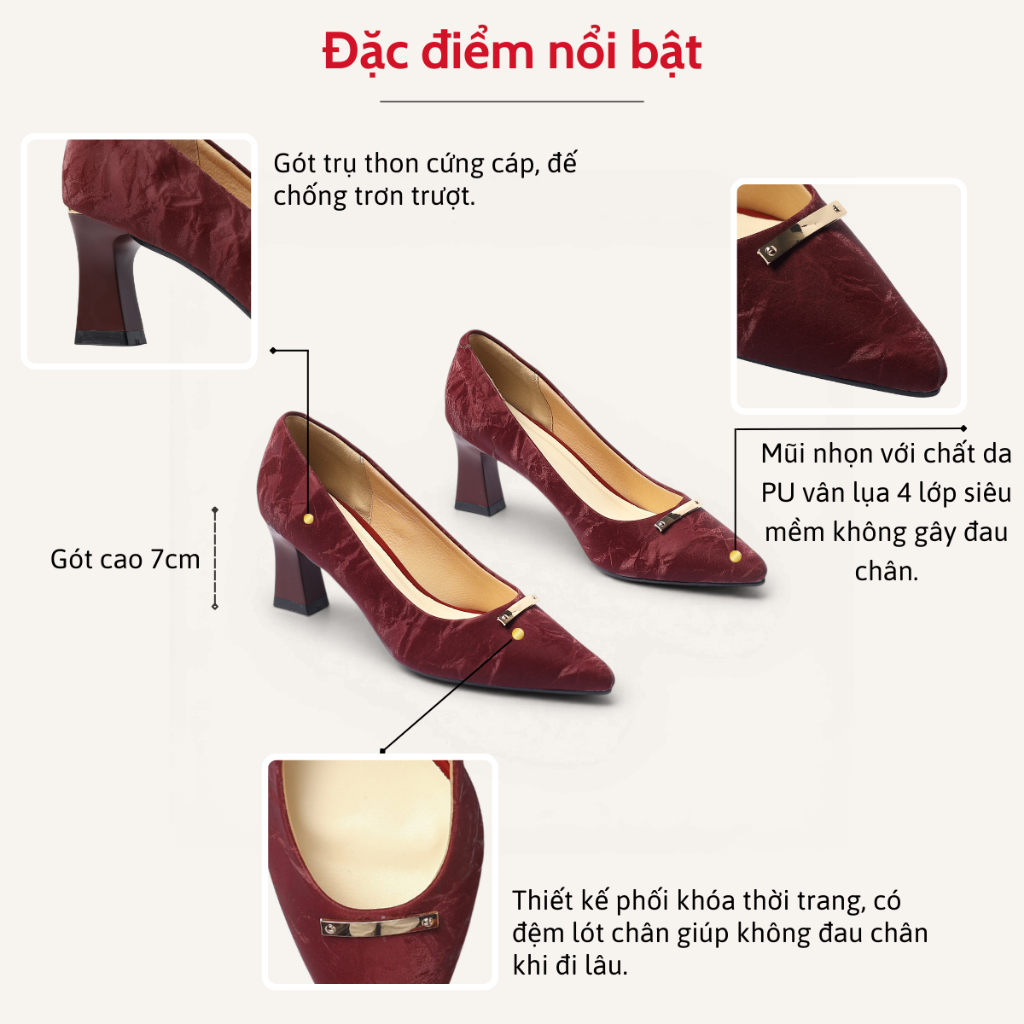 Giày Cao Gót Nữ 7cm Da Vân Lụa Đính Khóa Thời Trang Pixie H435