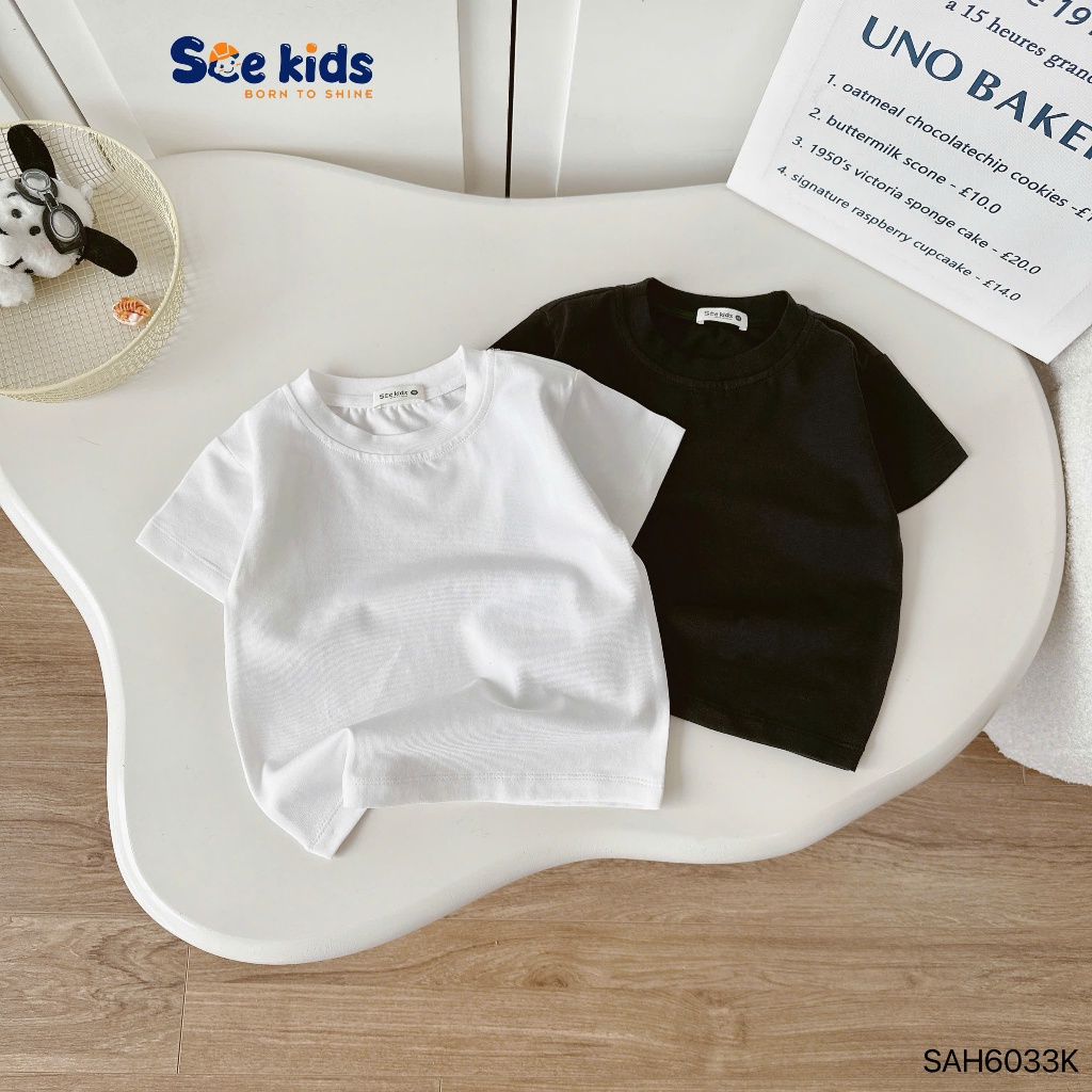 Áo cotton cộc tay trơn màu unisex cho bé, áo thun cổ tròn cotton mềm co dãn basic 2 màu trắng đen